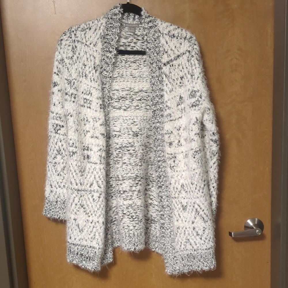 Falls Creek Eyelash Open Cardigan White Gray Long Fuzzy Soft Sweater